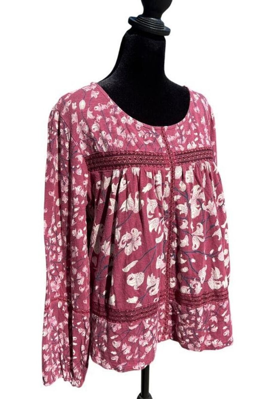 Lucky Brand Long Sleeve Scoop Neck,Berry Floral Top, Women's size L